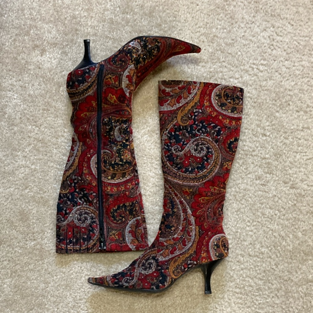 Diba Red Black Gold Paisley Boots size 7.5